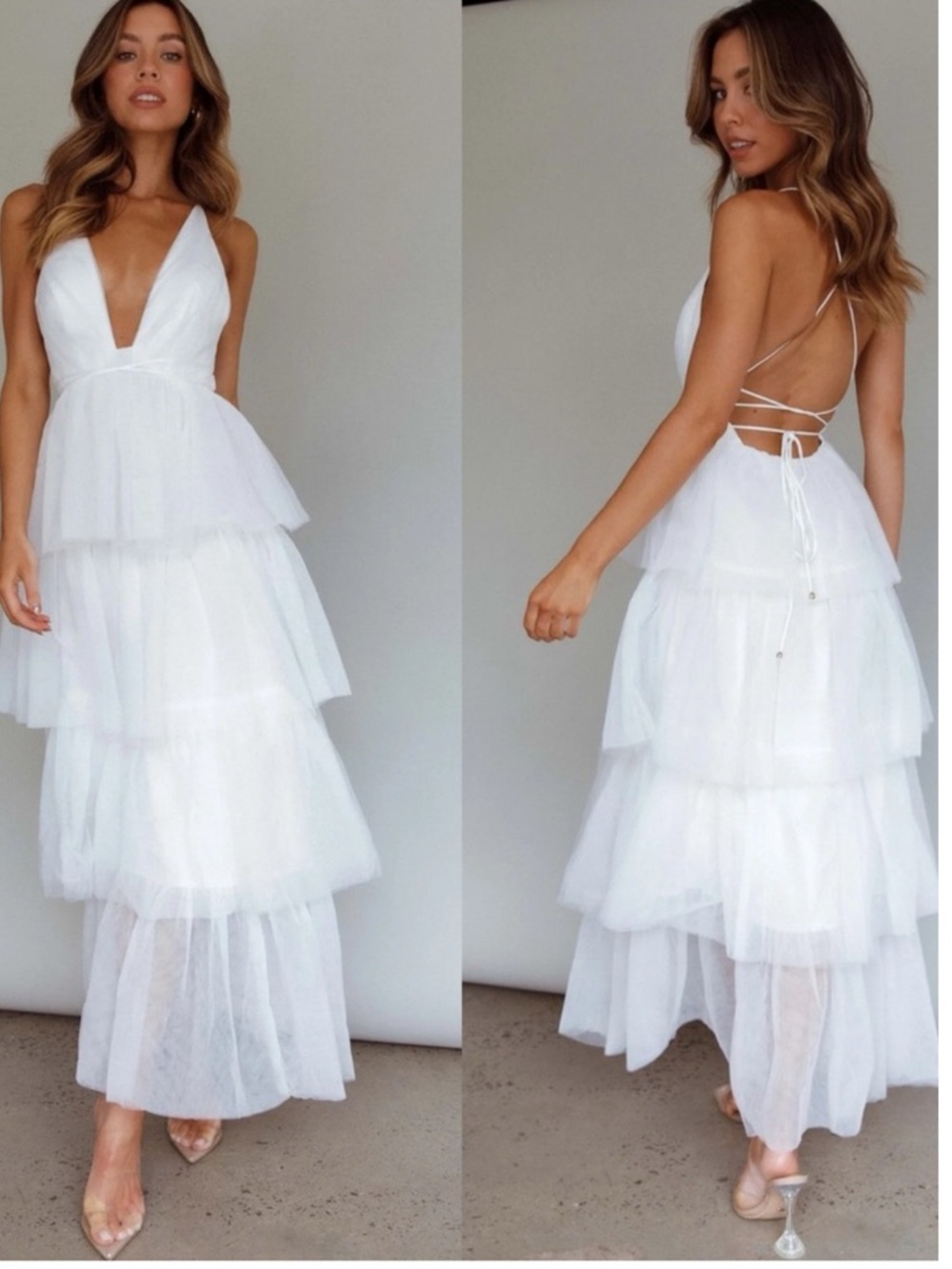 Angel Biba Plunge Formal Bridal Cocktail White Tulle Maxi Dress Women’s SZ Small
